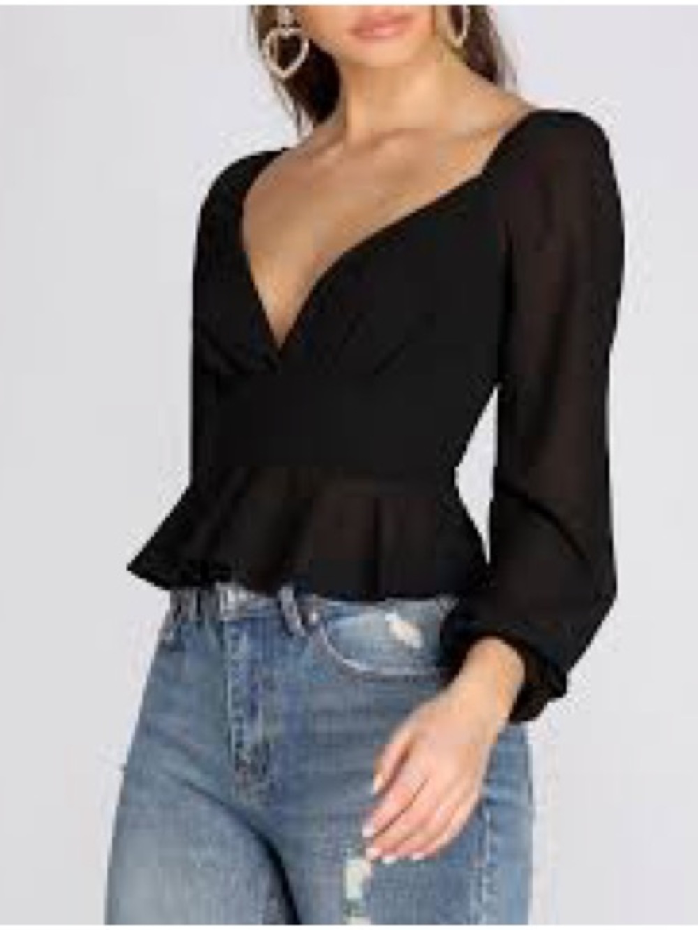privy Black V-Neck Peplum Blouse with Sheer Long Sleeves